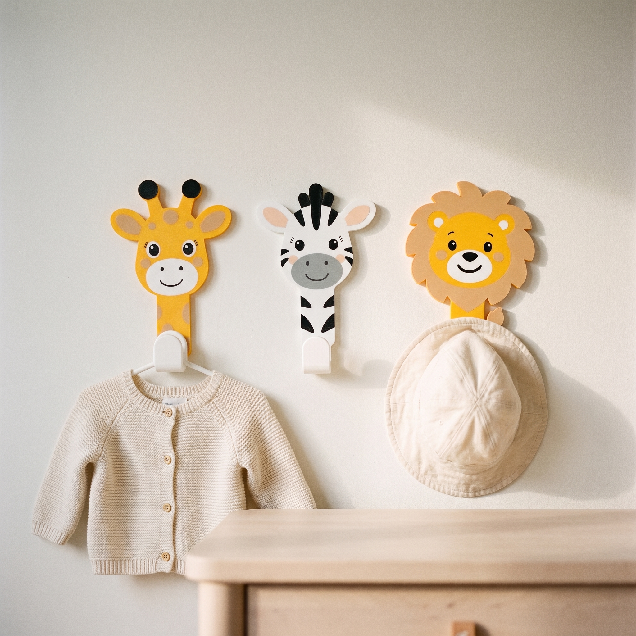 Cabideiros safari na parede segurando casaquinho e chapéu de bebê