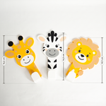 Cabideiros girafa, zebra e leão com medidas de 16,2, 14,5 e 14,9 cm de altura