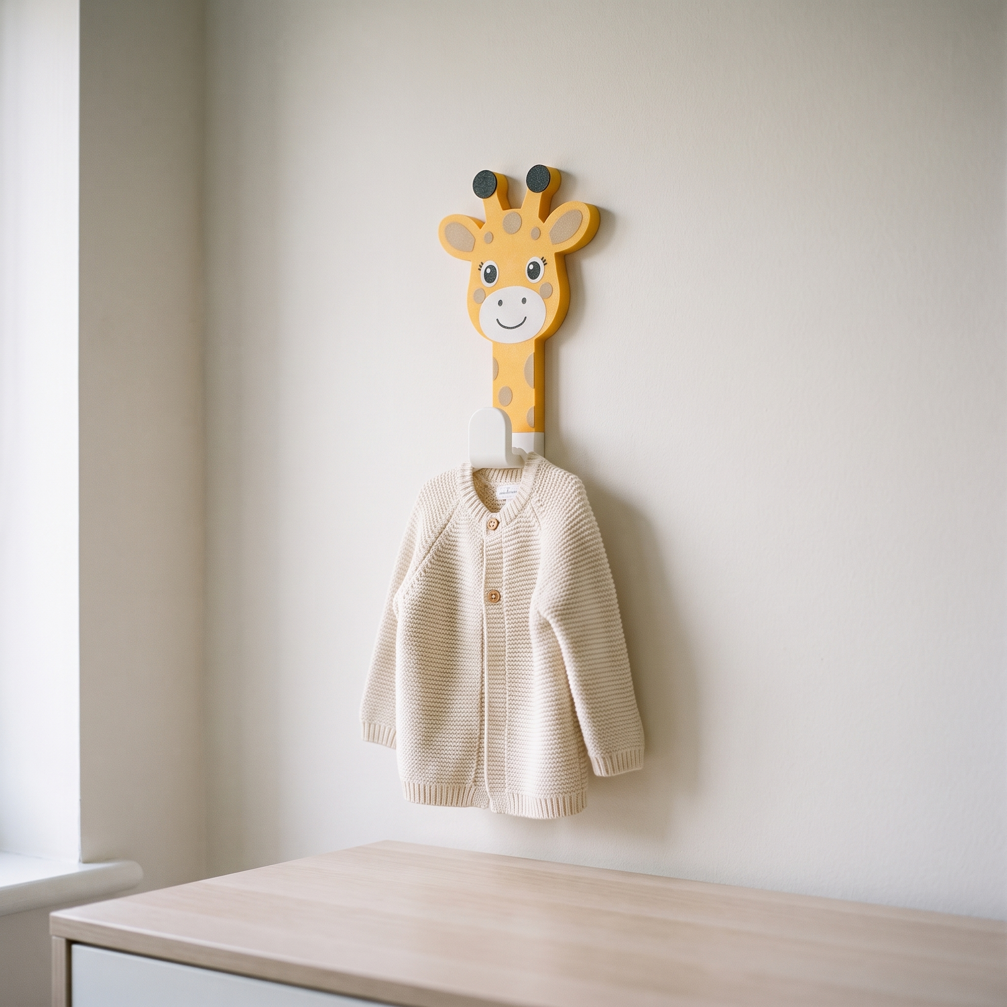 Cabideiro de girafa na parede do quarto com casaquinho pendurado