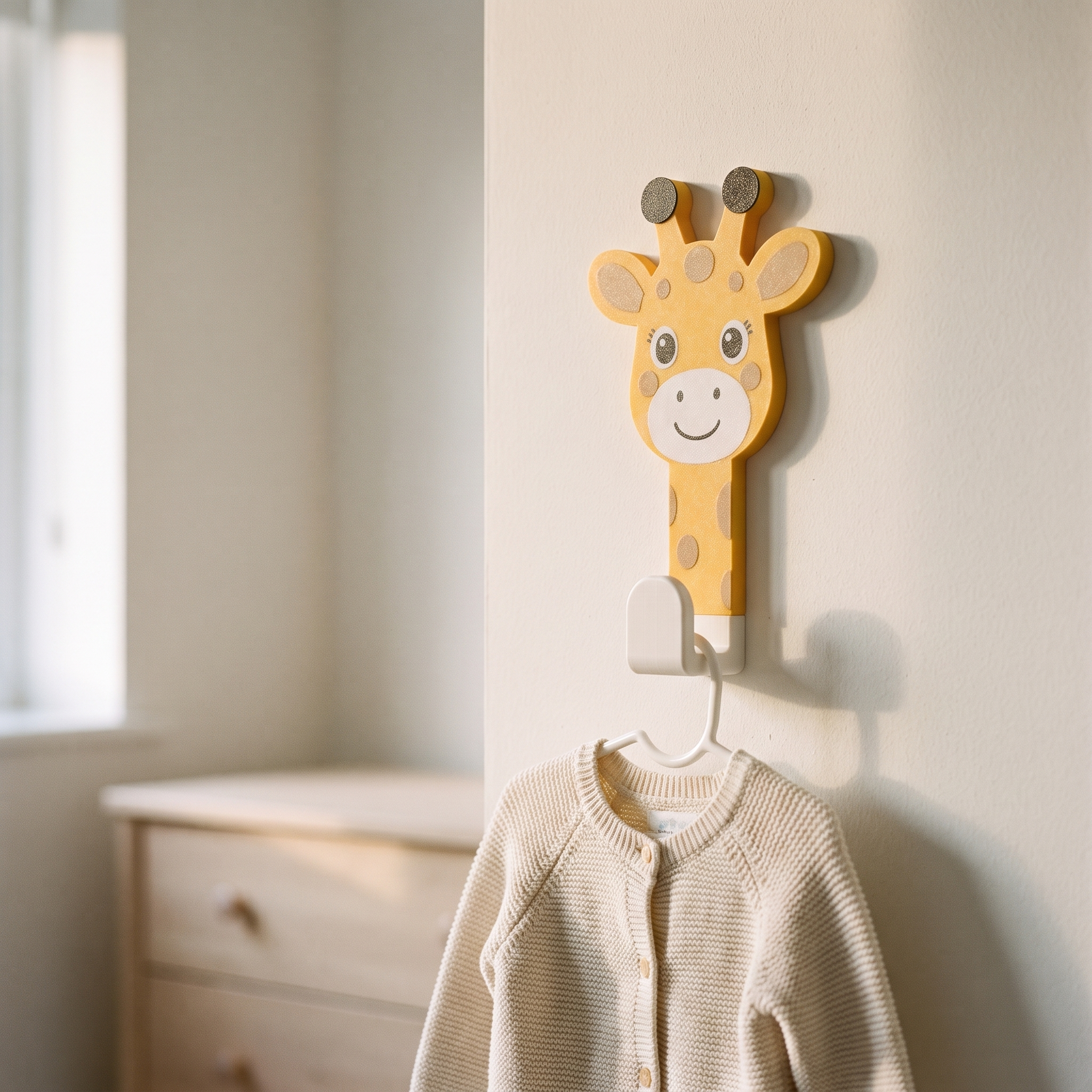 Cabideiro de girafa acima da cômoda com casaquinho no gancho