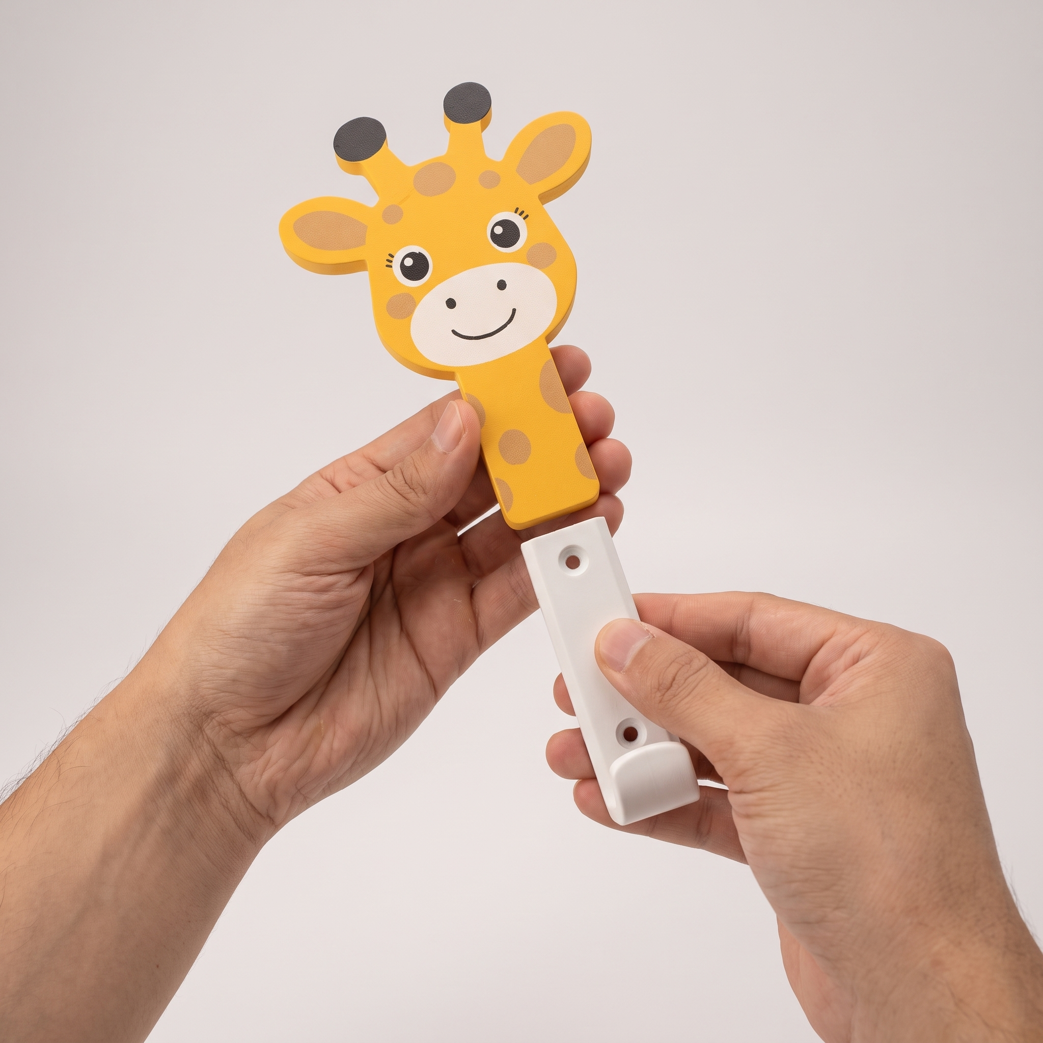 Girafa sendo encaixada no suporte com gancho